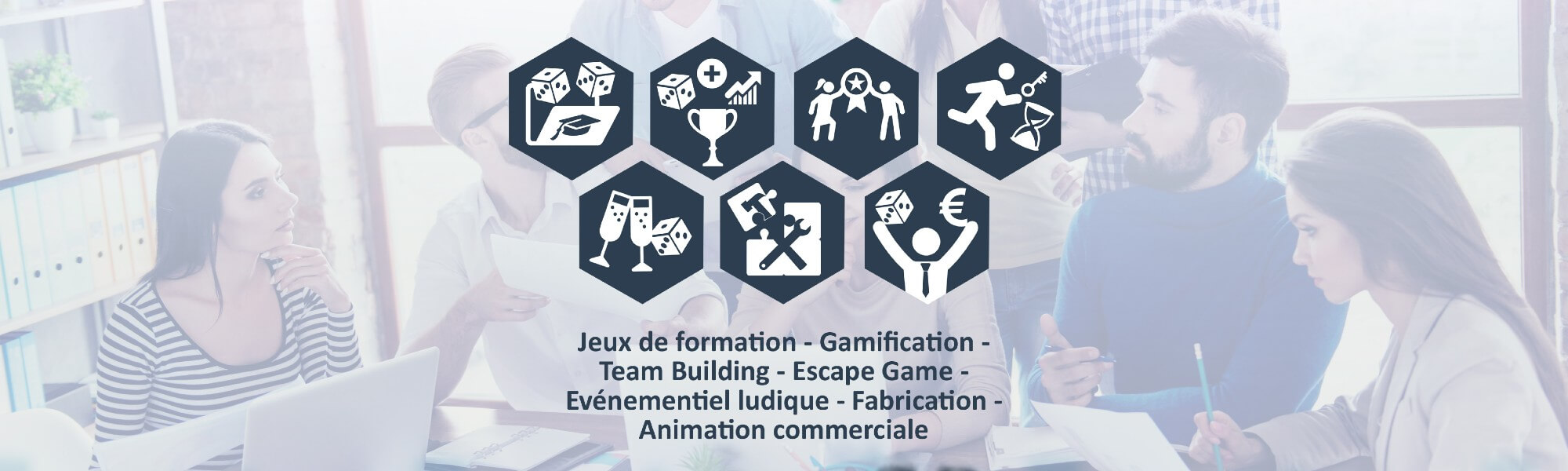 Bandeau de présentation des activités trainig, learning, game design et consulting