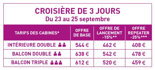 Tarif de la croisière 2023 sur 3 jours